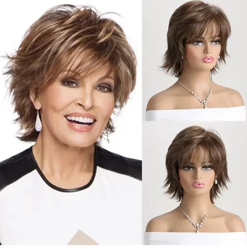 Short Natural Synthetic WigsBangs Soft Mommy Hair Daily Use Short Brown Ombre Curly Hair Costume Party Wig for Women